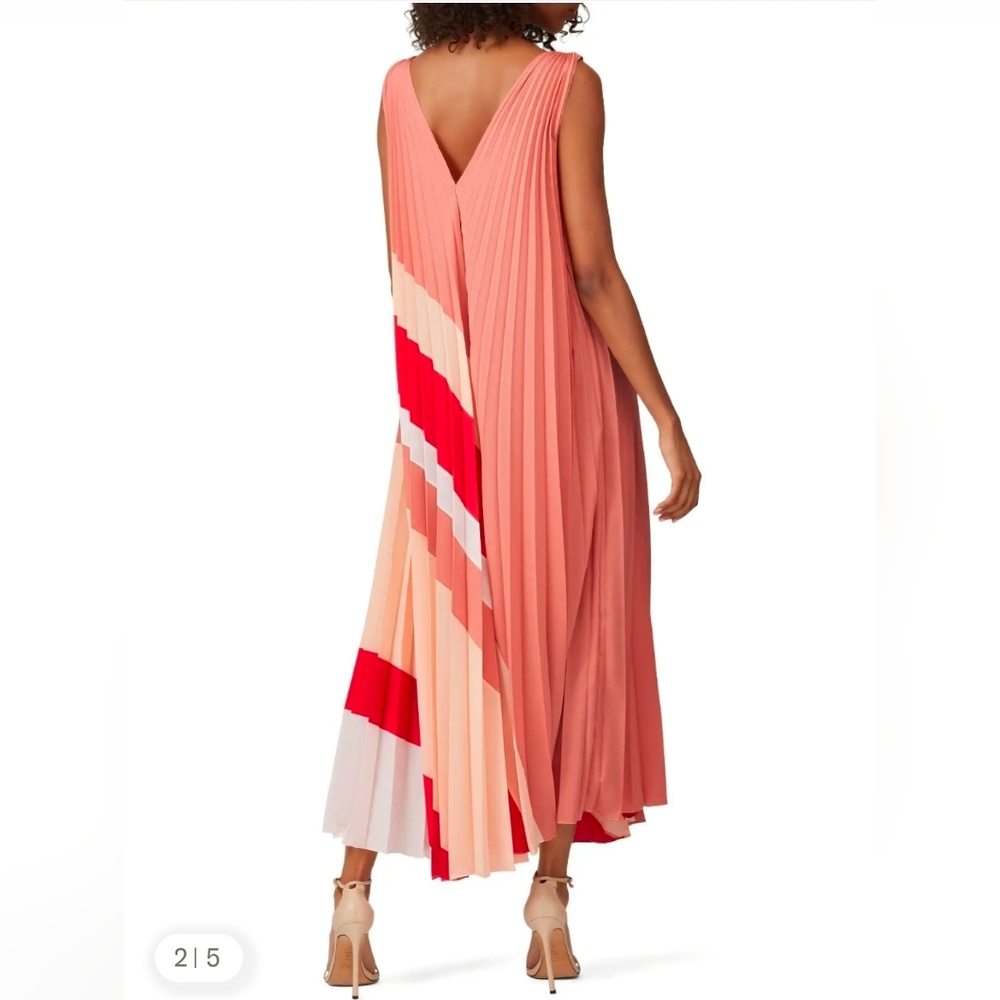 Tome V-Neck Coral Pleated Maxi Dress with Colorblock Stripes - Size XL - Picture 2 of 12
